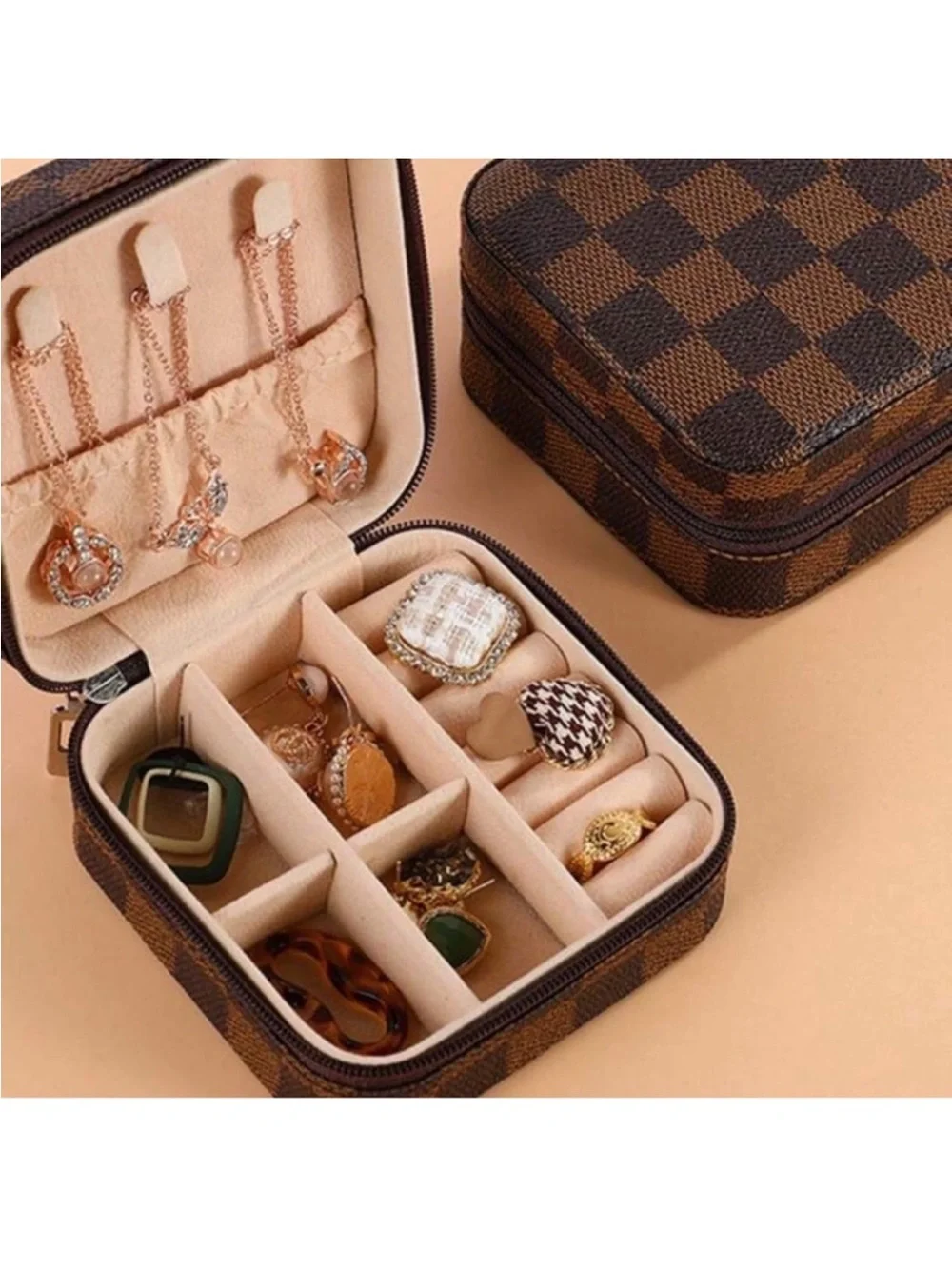 Brown Check Travel Jewelry Case - Compact Cosmetic Organizer